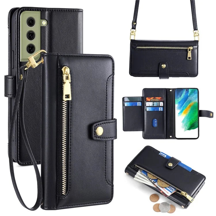 For Samsung Galaxy S21 FE 5G Cell Phone Case Anti-fall Leather Wallet Phone Cover with 2 Straps