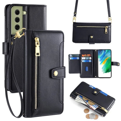 For Samsung Galaxy S21 FE 5G Cell Phone Case Anti-fall Leather Wallet Phone Cover with 2 Straps