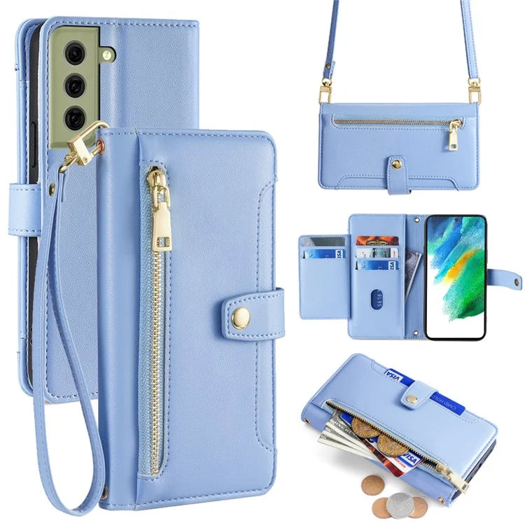 For Samsung Galaxy S21 FE 5G Cell Phone Case Anti-fall Leather Wallet Phone Cover with 2 Straps