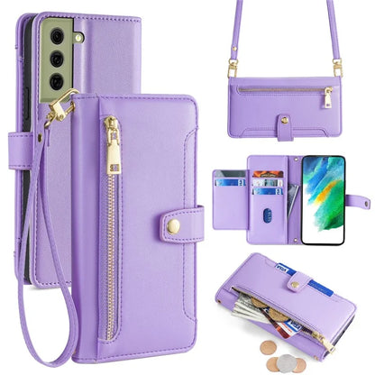 For Samsung Galaxy S21 FE 5G Cell Phone Case Anti-fall Leather Wallet Phone Cover with 2 Straps