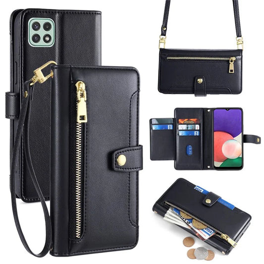 For Samsung Galaxy A22 5G (EU Version) Cell Phone Case PU Leather Cover with Long and Short Strap
