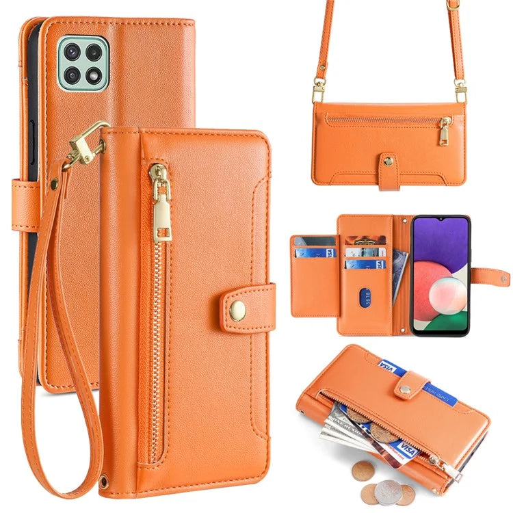 For Samsung Galaxy A22 5G (EU Version) Cell Phone Case PU Leather Cover with Long and Short Strap