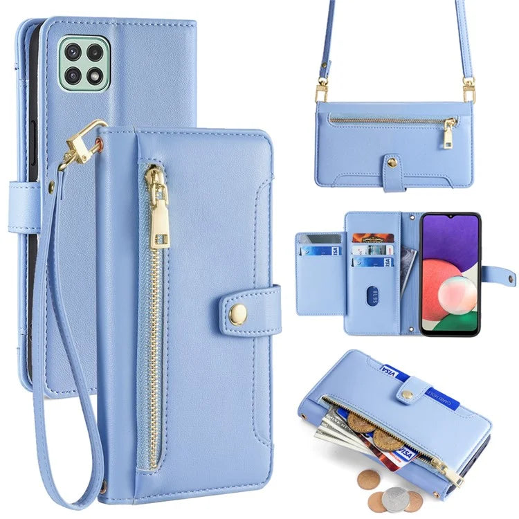 For Samsung Galaxy A22 5G (EU Version) Cell Phone Case PU Leather Cover with Long and Short Strap