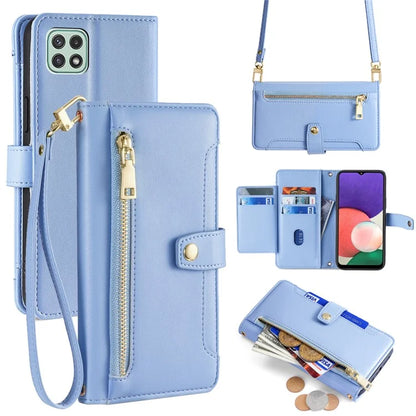 For Samsung Galaxy A22 5G (EU Version) Cell Phone Case PU Leather Cover with Long and Short Strap