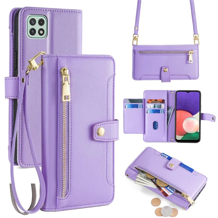 For Samsung Galaxy A22 5G (EU Version) Cell Phone Case PU Leather Cover with Long and Short Strap