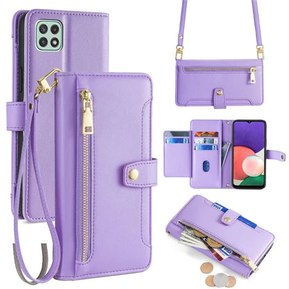 For Samsung Galaxy A22 5G (EU Version) Cell Phone Case PU Leather Cover with Long and Short Strap