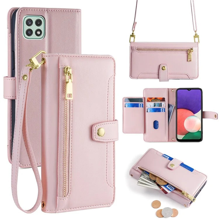 For Samsung Galaxy A22 5G (EU Version) Cell Phone Case PU Leather Cover with Long and Short Strap