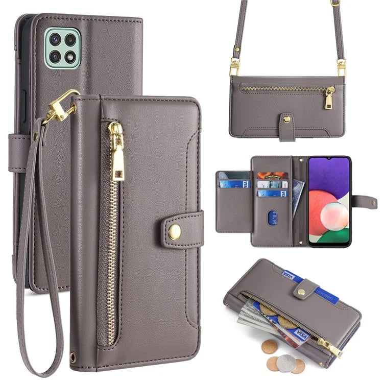 For Samsung Galaxy A22 5G (EU Version) Cell Phone Case PU Leather Cover with Long and Short Strap