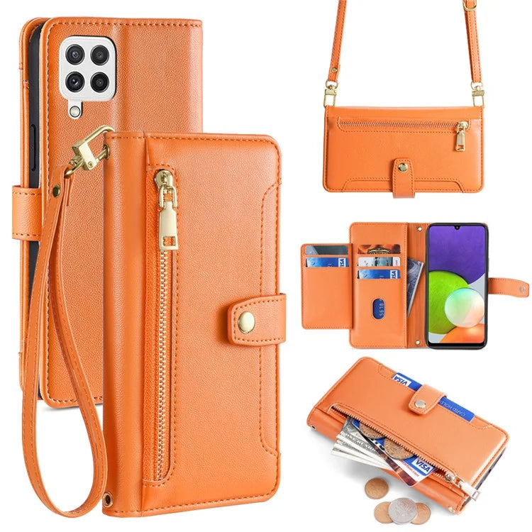 For Samsung Galaxy A22 4G (EU Version) Cell Phone Case Anti-shock PU Leather Wallet Cover with 2 Straps
