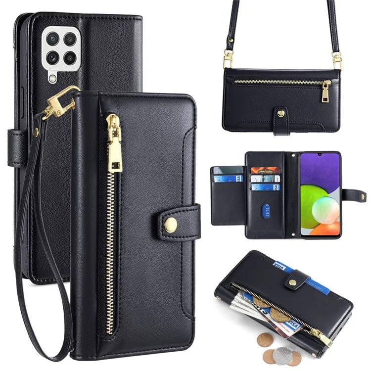 For Samsung Galaxy A22 4G (EU Version) Cell Phone Case Anti-shock PU Leather Wallet Cover with 2 Straps