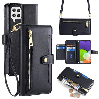 For Samsung Galaxy A22 4G (EU Version) Cell Phone Case Anti-shock PU Leather Wallet Cover with 2 Straps