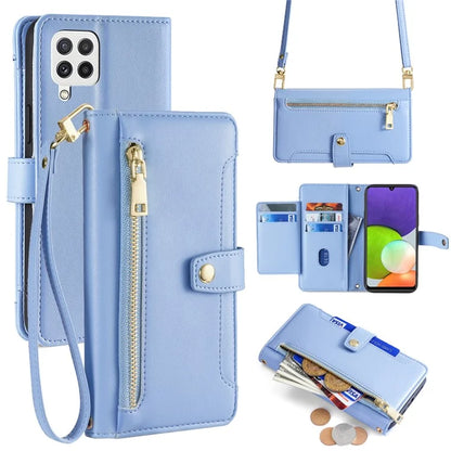 For Samsung Galaxy A22 4G (EU Version) Cell Phone Case Anti-shock PU Leather Wallet Cover with 2 Straps