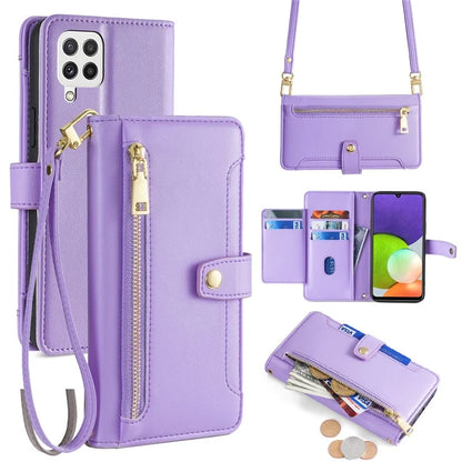 For Samsung Galaxy A22 4G (EU Version) Cell Phone Case Anti-shock PU Leather Wallet Cover with 2 Straps