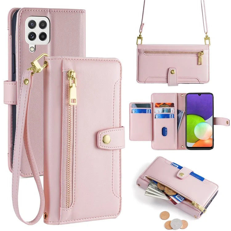 For Samsung Galaxy A22 4G (EU Version) Cell Phone Case Anti-shock PU Leather Wallet Cover with 2 Straps