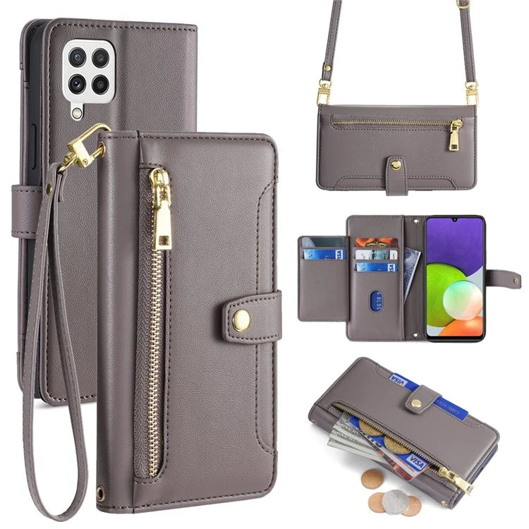 For Samsung Galaxy A22 4G (EU Version) Cell Phone Case Anti-shock PU Leather Wallet Cover with 2 Straps
