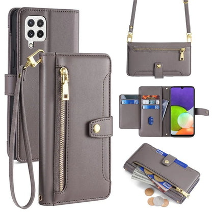 For Samsung Galaxy A22 4G (EU Version) Cell Phone Case Anti-shock PU Leather Wallet Cover with 2 Straps