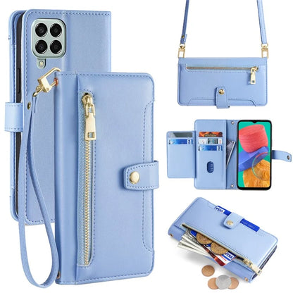For Samsung Galaxy M33 5G (Global Version) Cell Phone Case Textured Leather Stand Cover with 2 Straps