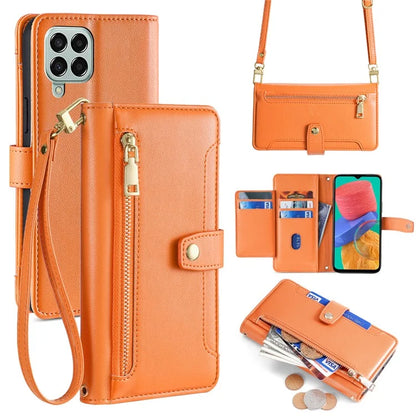 For Samsung Galaxy M33 5G (Global Version) Cell Phone Case Textured Leather Stand Cover with 2 Straps