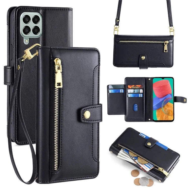 For Samsung Galaxy M33 5G (Global Version) Cell Phone Case Textured Leather Stand Cover with 2 Straps