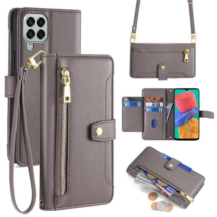 For Samsung Galaxy M33 5G (Global Version) Cell Phone Case Textured Leather Stand Cover with 2 Straps