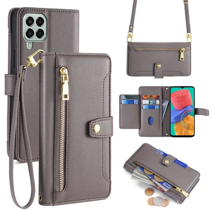 For Samsung Galaxy M33 5G (Global Version) Cell Phone Case Textured Leather Stand Cover with 2 Straps