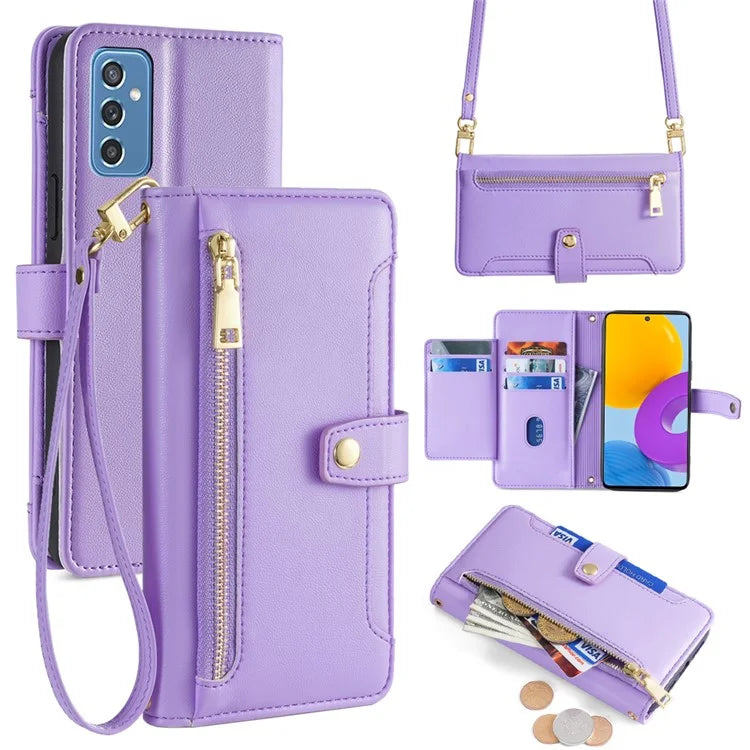 For Samsung Galaxy M52 5G Cell Phone Case Zipper Pocket Drop-proof Leather Wallet Stand Cover