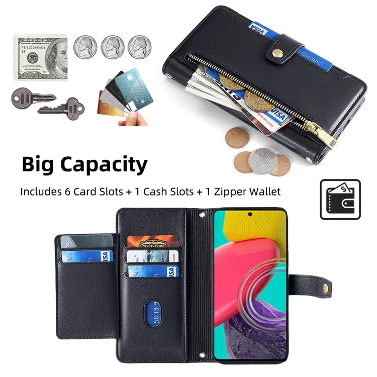 For Samsung Galaxy M53 5G Wallet Case Zipper Pocket Leather Anti-fall Phone Cover