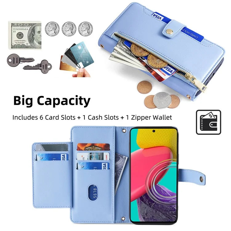 For Samsung Galaxy M53 5G Wallet Case Zipper Pocket Leather Anti-fall Phone Cover