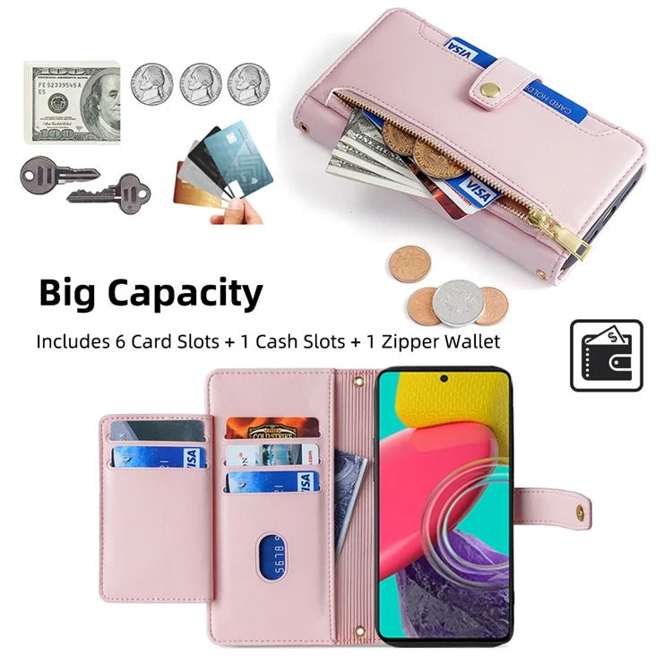 For Samsung Galaxy M53 5G Wallet Case Zipper Pocket Leather Anti-fall Phone Cover