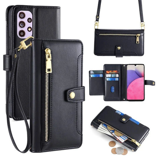 For Samsung Galaxy A33 5G Case Zipper Pocket Stand Phone Cover with Shoulder Strap