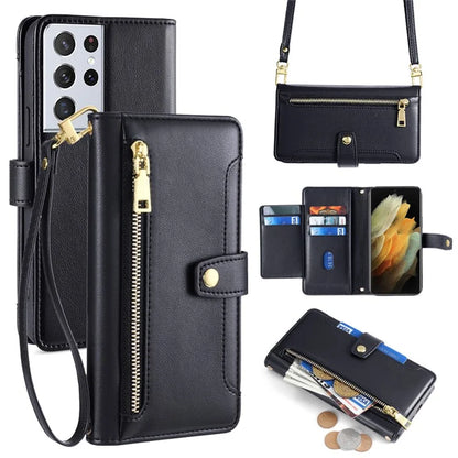 For Samsung Galaxy S21 Ultra 5G Case Zipper Pocket Card Slots Cover with Shoulder Wrist Straps