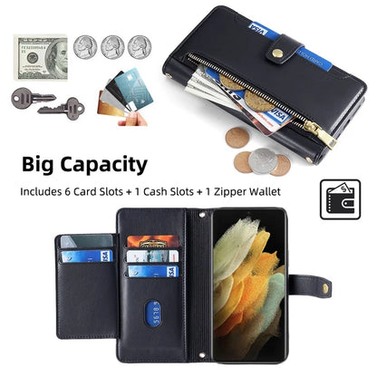 For Samsung Galaxy S21 Ultra 5G Case Zipper Pocket Card Slots Cover with Shoulder Wrist Straps