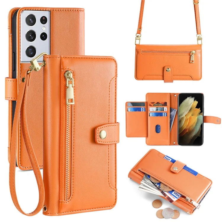 For Samsung Galaxy S21 Ultra 5G Case Zipper Pocket Card Slots Cover with Shoulder Wrist Straps