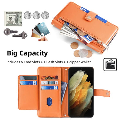 For Samsung Galaxy S21 Ultra 5G Case Zipper Pocket Card Slots Cover with Shoulder Wrist Straps