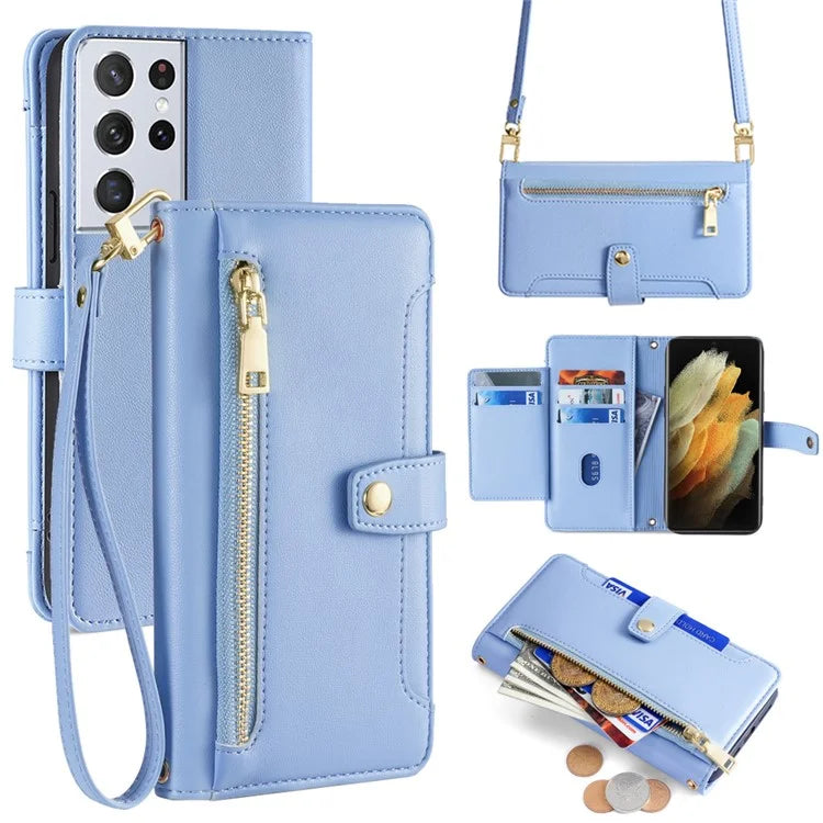 For Samsung Galaxy S21 Ultra 5G Case Zipper Pocket Card Slots Cover with Shoulder Wrist Straps