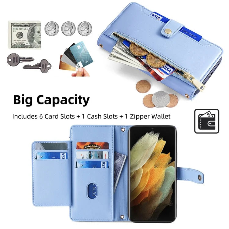 For Samsung Galaxy S21 Ultra 5G Case Zipper Pocket Card Slots Cover with Shoulder Wrist Straps