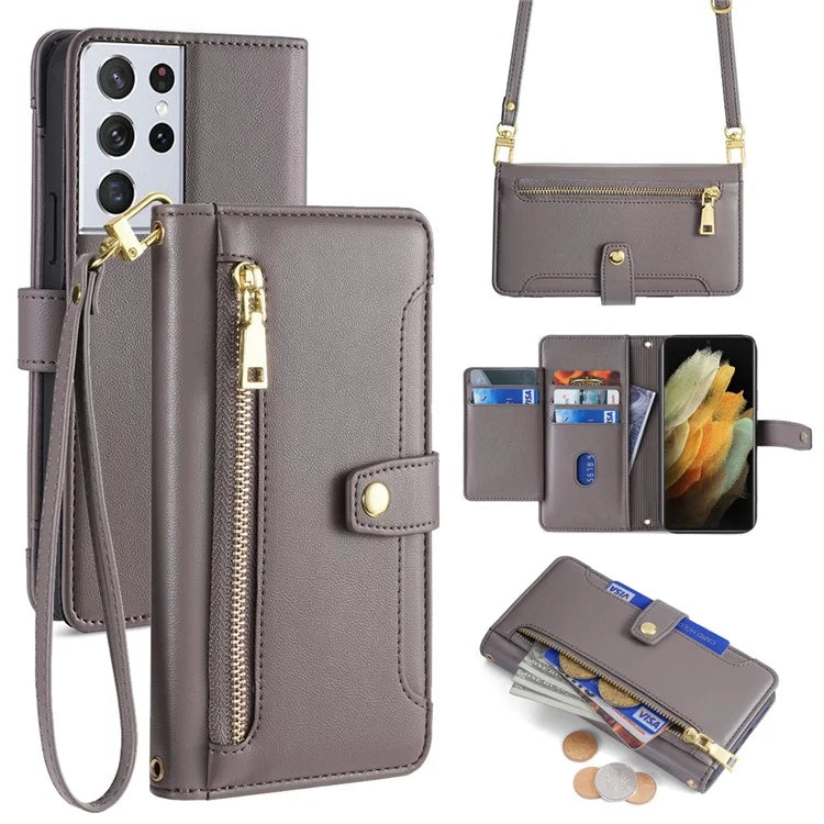 For Samsung Galaxy S21 Ultra 5G Case Zipper Pocket Card Slots Cover with Shoulder Wrist Straps