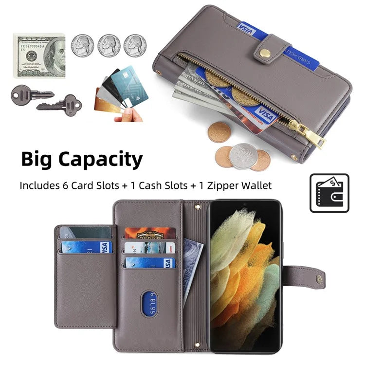 For Samsung Galaxy S21 Ultra 5G Case Zipper Pocket Card Slots Cover with Shoulder Wrist Straps