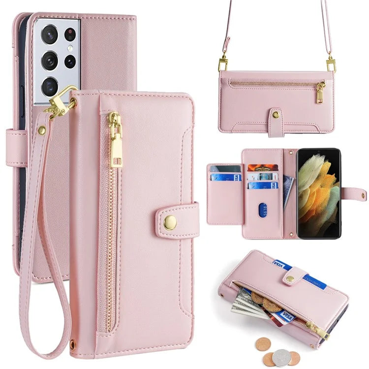 For Samsung Galaxy S21 Ultra 5G Case Zipper Pocket Card Slots Cover with Shoulder Wrist Straps
