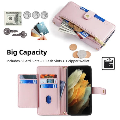 For Samsung Galaxy S21 Ultra 5G Case Zipper Pocket Card Slots Cover with Shoulder Wrist Straps