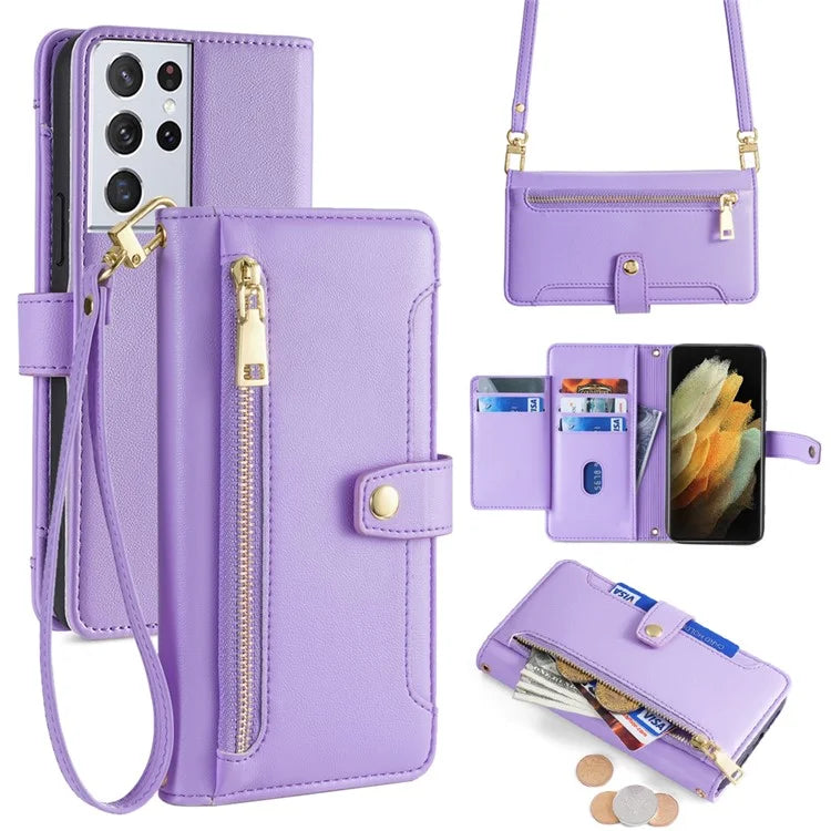 For Samsung Galaxy S21 Ultra 5G Case Zipper Pocket Card Slots Cover with Shoulder Wrist Straps