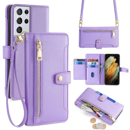 For Samsung Galaxy S21 Ultra 5G Case Zipper Pocket Card Slots Cover with Shoulder Wrist Straps