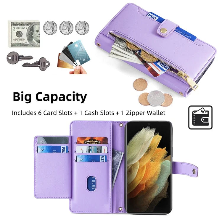 For Samsung Galaxy S21 Ultra 5G Case Zipper Pocket Card Slots Cover with Shoulder Wrist Straps