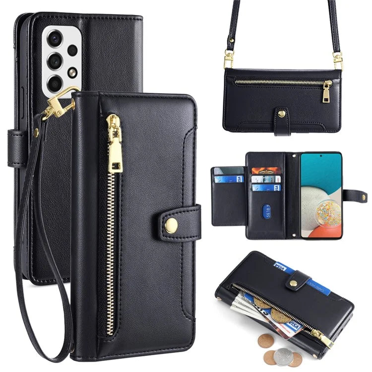 For Samsung Galaxy A53 5G Case PU Leather+TPU Smart Phone Cover with Crossbody Shoulder Strap