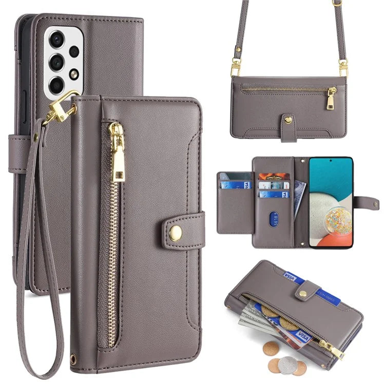 For Samsung Galaxy A53 5G Case PU Leather+TPU Smart Phone Cover with Crossbody Shoulder Strap