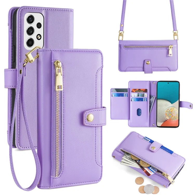 For Samsung Galaxy A53 5G Case PU Leather+TPU Smart Phone Cover with Crossbody Shoulder Strap