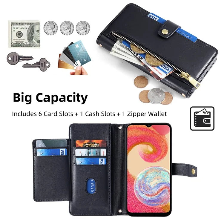 For Samsung Galaxy A04e 4G / F04 4G / M04 4G Phone Case Anti-fall 6 Card Slots Cover with Crossbody Strap