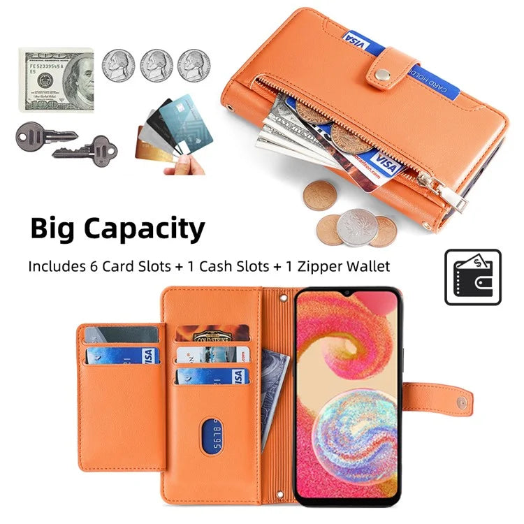 For Samsung Galaxy A04e 4G / F04 4G / M04 4G Phone Case Anti-fall 6 Card Slots Cover with Crossbody Strap