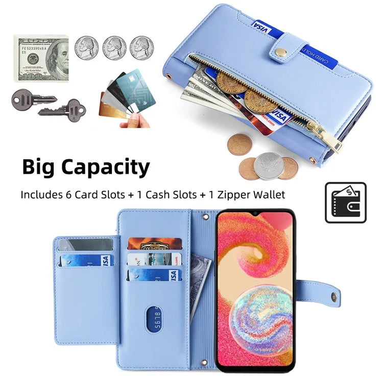 For Samsung Galaxy A04e 4G / F04 4G / M04 4G Phone Case Anti-fall 6 Card Slots Cover with Crossbody Strap