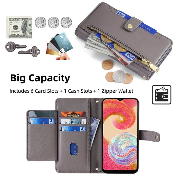 For Samsung Galaxy A04e 4G / F04 4G / M04 4G Phone Case Anti-fall 6 Card Slots Cover with Crossbody Strap